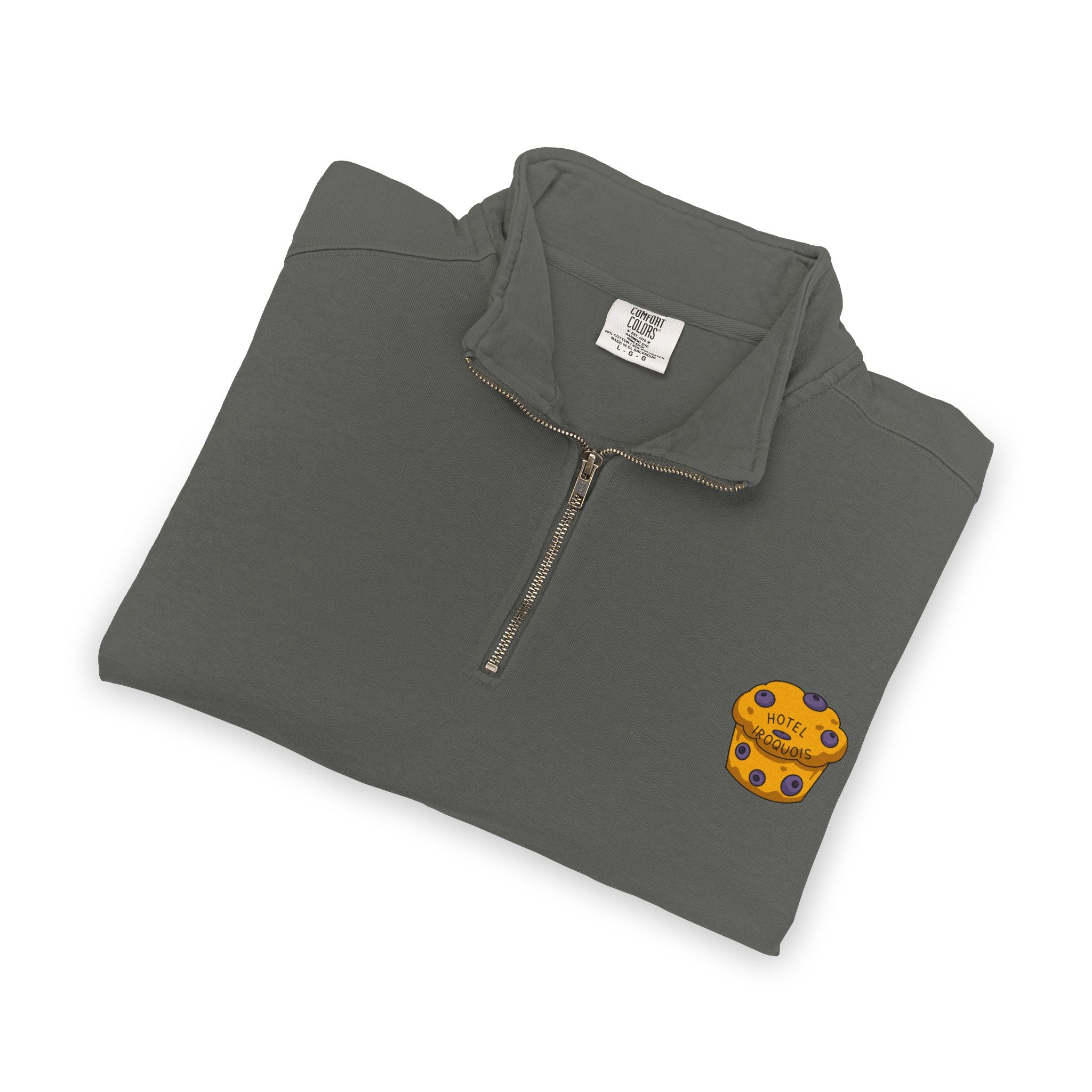 Hotel Iroquois Series - Comfort Colors Quarter Zip - Blueberry Muffins and Horse Drawn Carriages