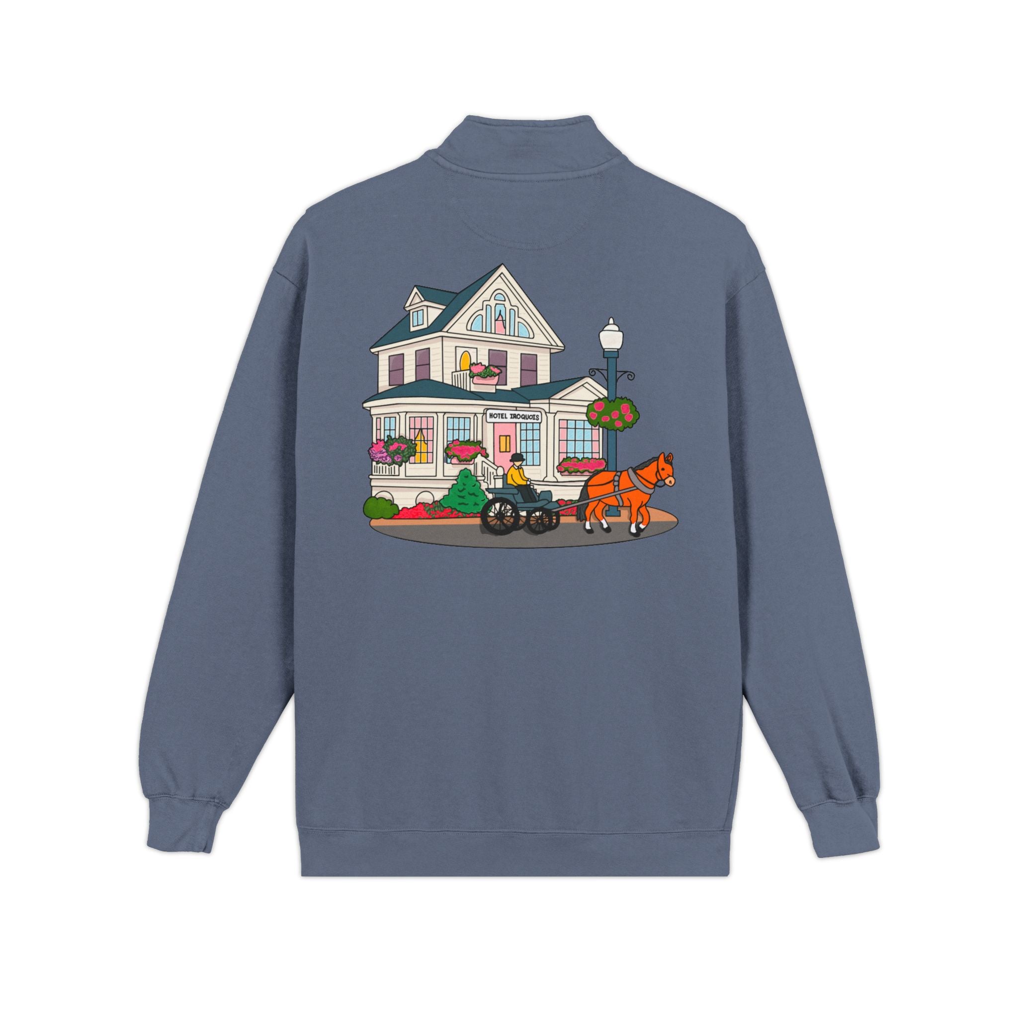 Hotel Iroquois Series - Comfort Colors Quarter Zip - Blueberry Muffins and Horse Drawn Carriages