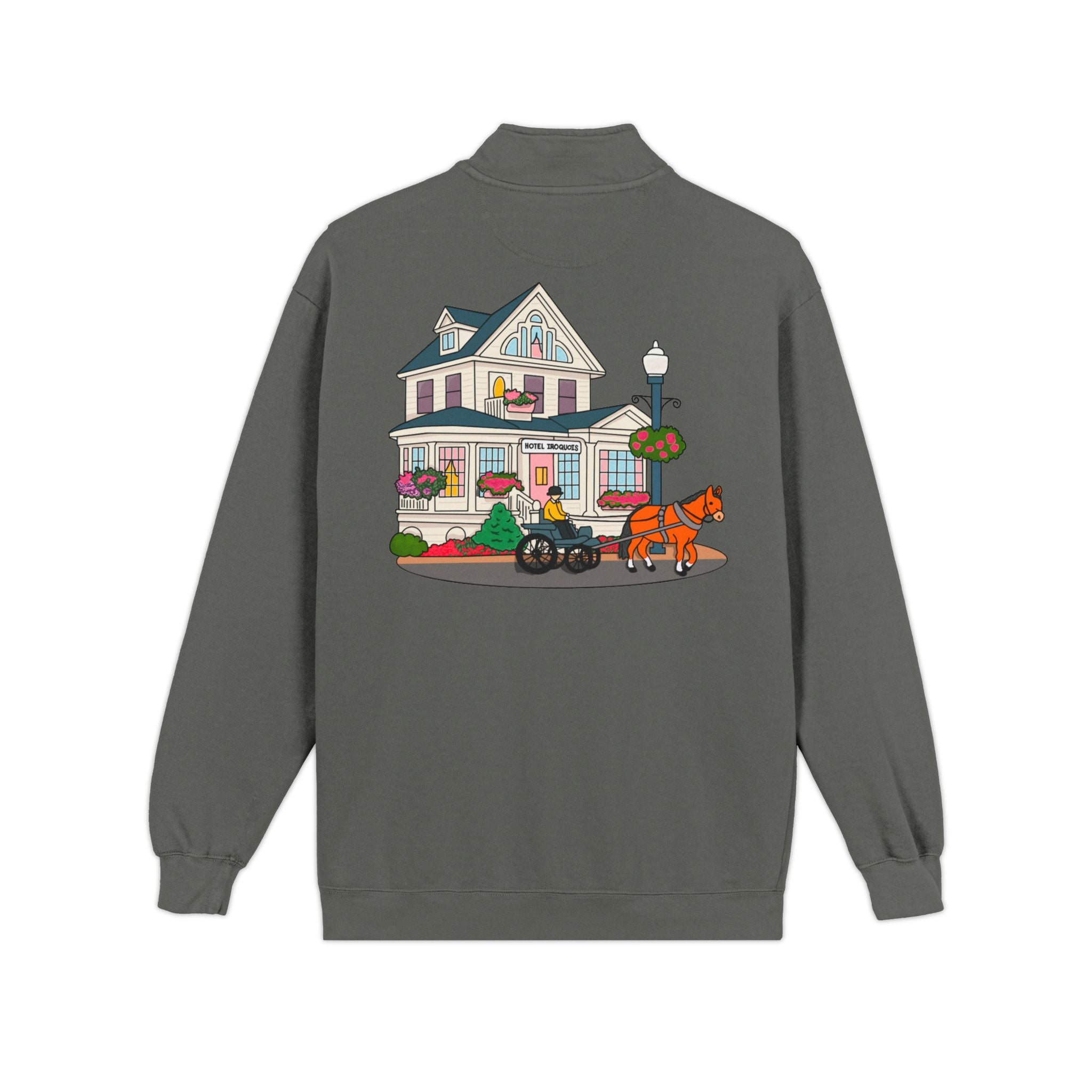 Hotel Iroquois Series - Comfort Colors Quarter Zip - Blueberry Muffins and Horse Drawn Carriages
