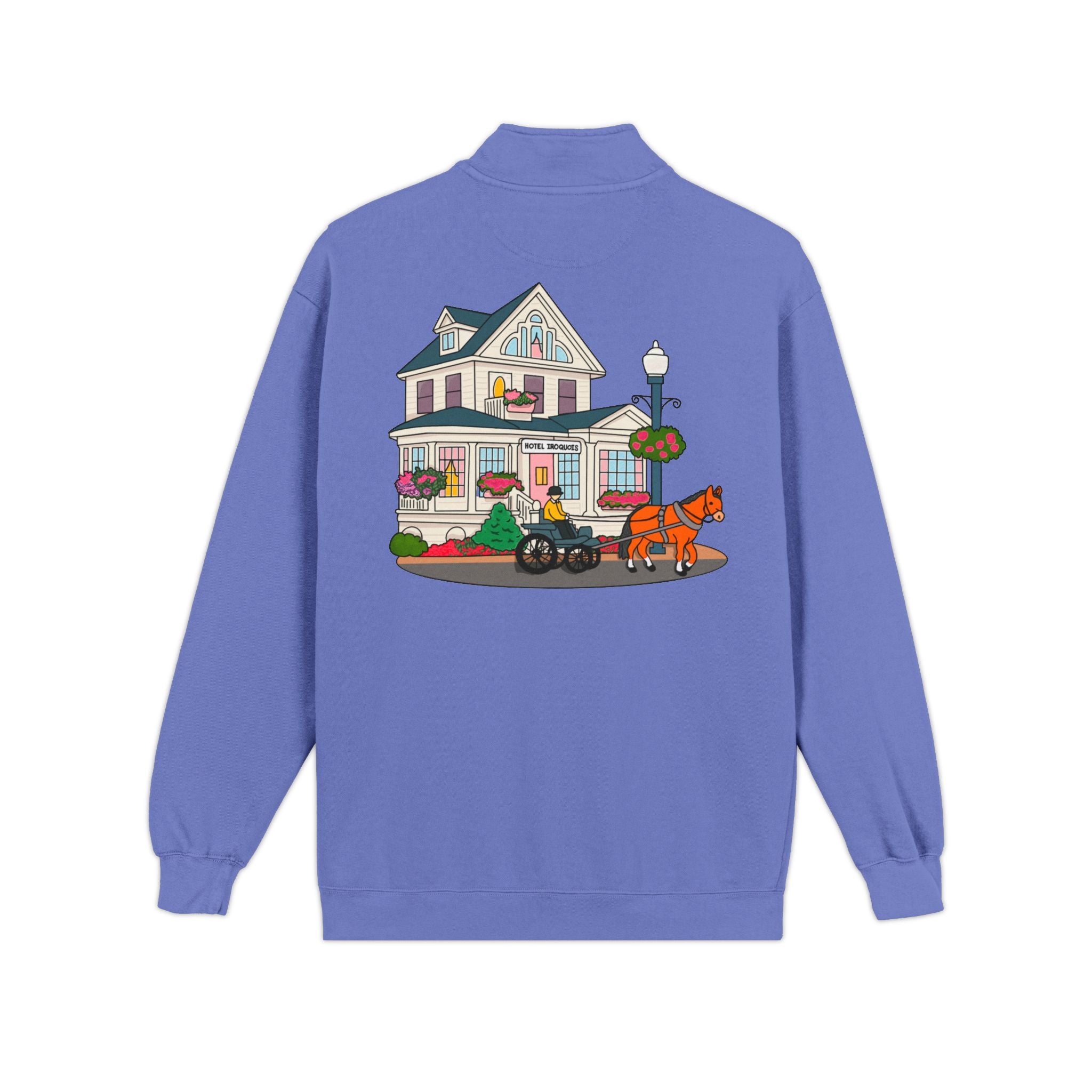 Hotel Iroquois Series - Comfort Colors Quarter Zip - Blueberry Muffins and Horse Drawn Carriages