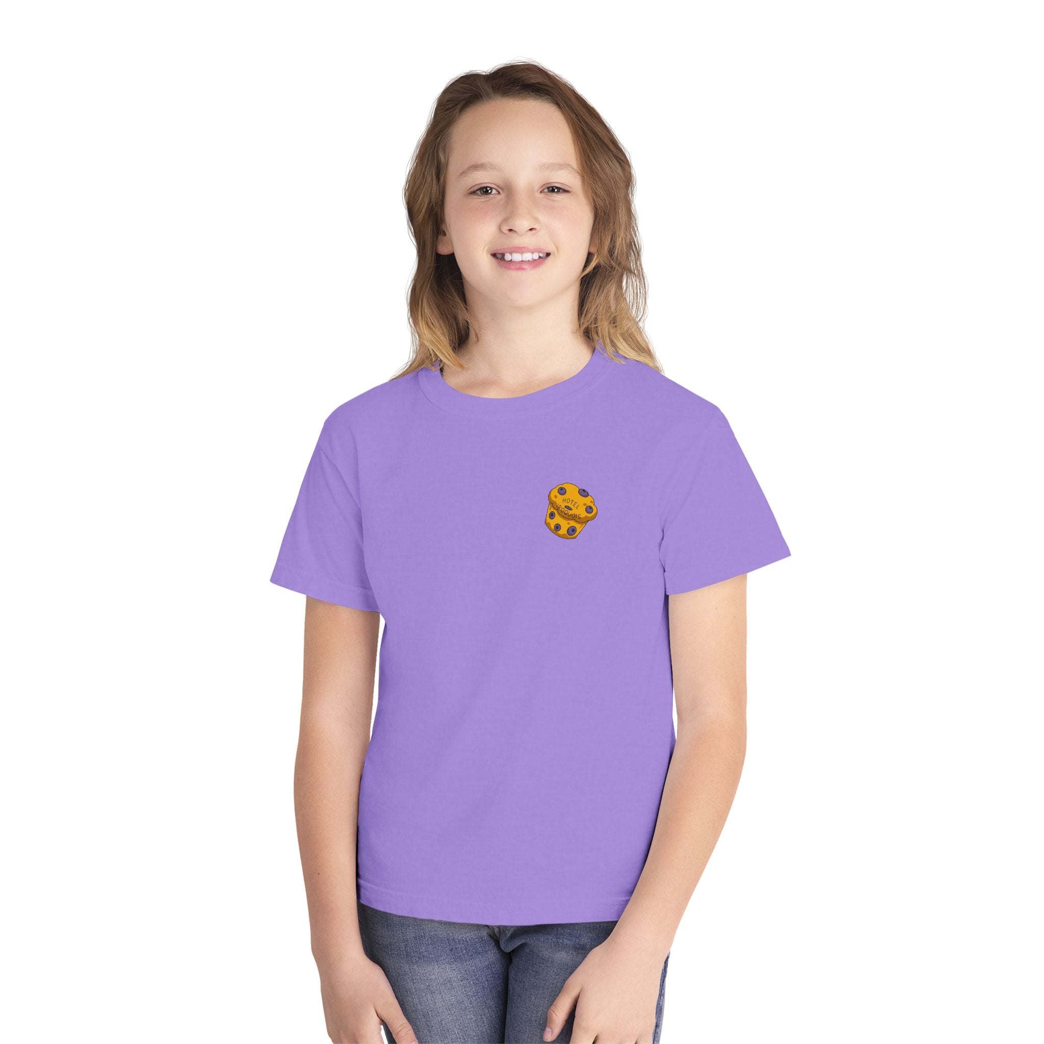 Comfort Colors Youth Tee — Hotel Iroquois Series - Blueberry Muffins and Horse Drawn Carriages