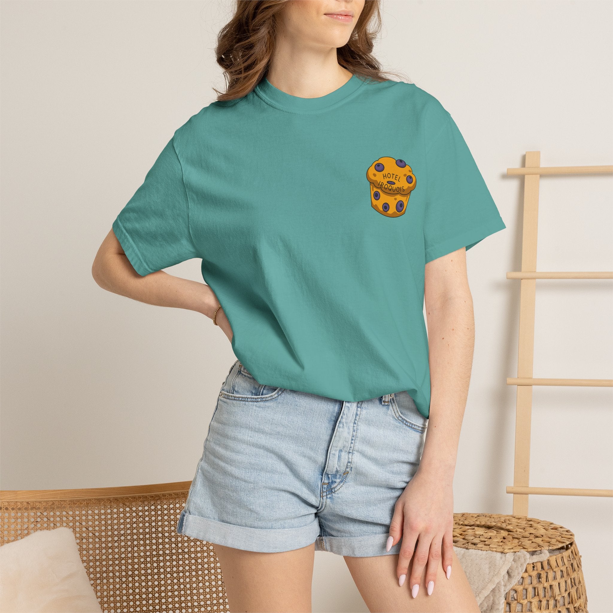 Mackinac Merch - The Hotel Iroquois Series Comfort Colors T Shirt with Muffin and Flowers