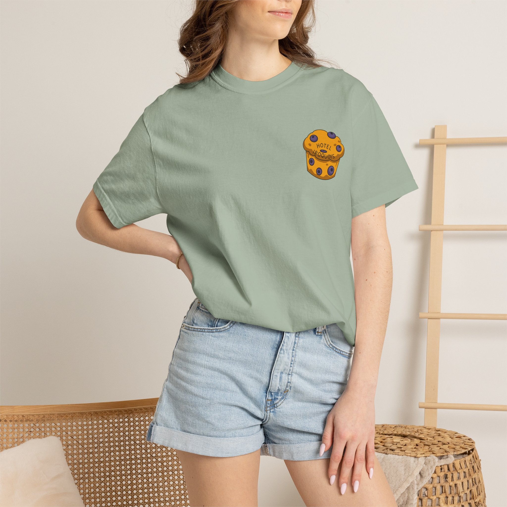 Mackinac Merch - The Hotel Iroquois Series Comfort Colors T Shirt with Muffin and Flowers